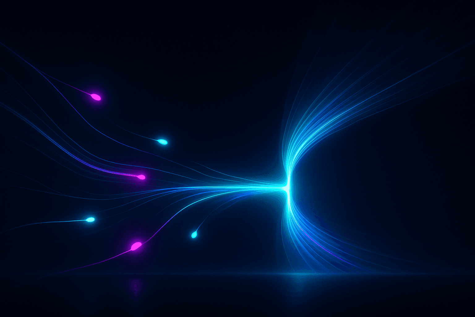 A stream of glowing event packets narrowing as some are diverted away before reaching a destination node