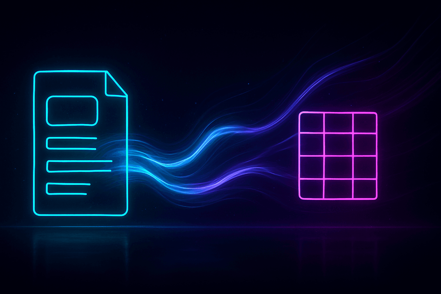 Glowing form responses flowing as data streams into a structured database grid