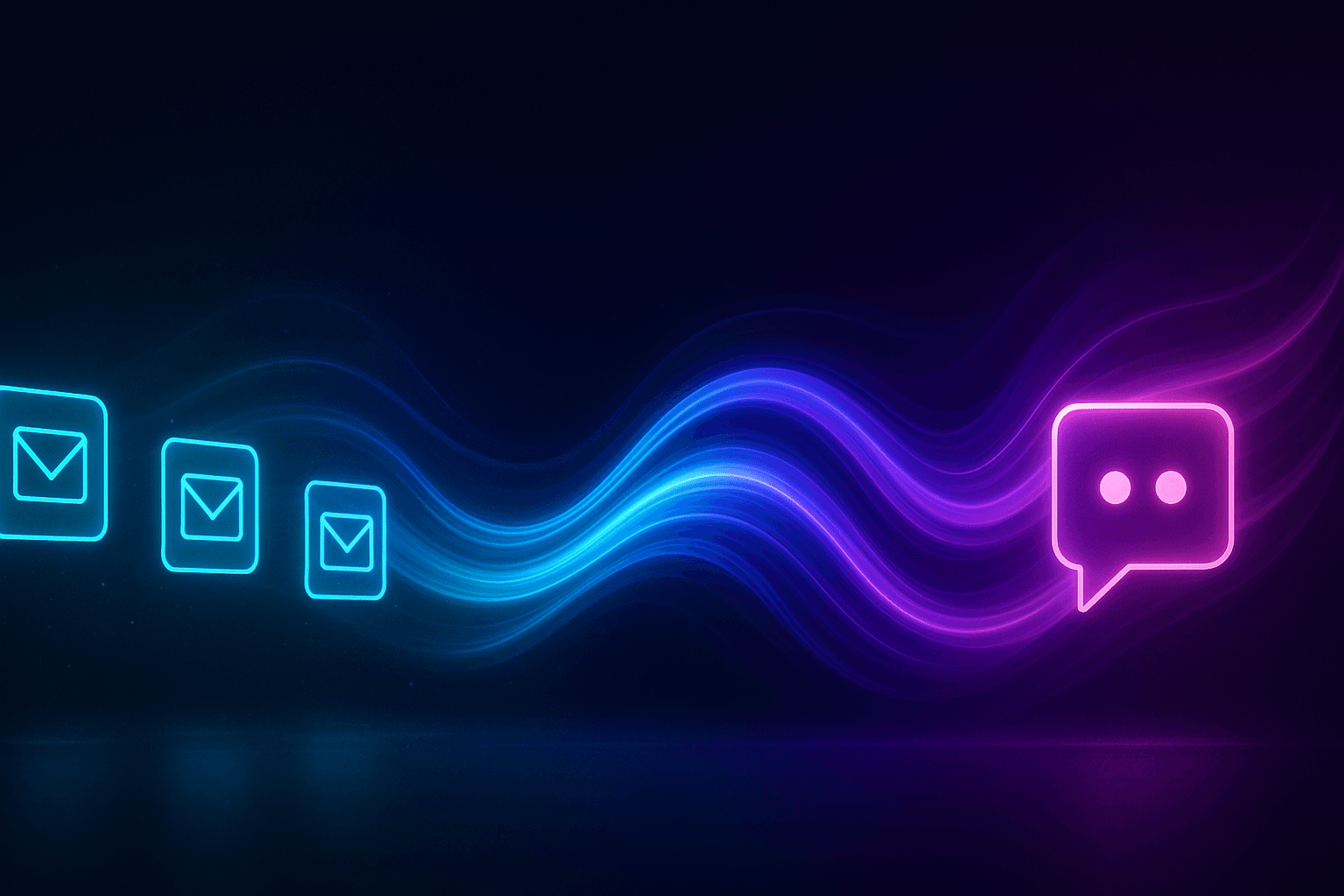 Glowing support ticket icons flowing from a helpdesk queue into a team chat channel